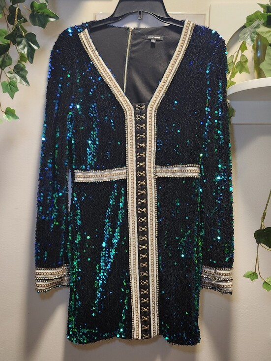 Fashion Nova Dresses & Skirts - Sequined Black & Emerald Long Sleeve Dress with Embellished Trim